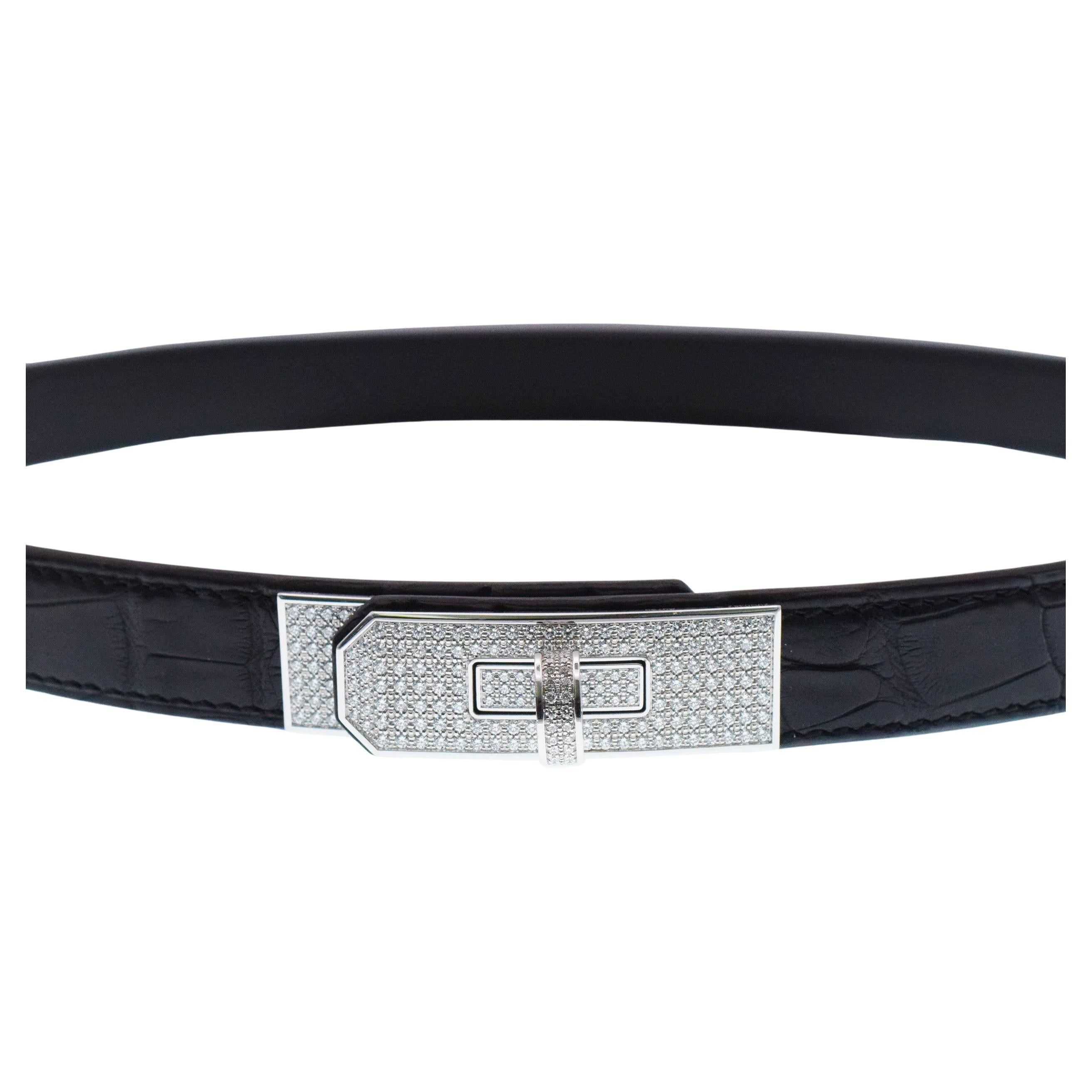 Hermes "KELLY" Hebilla de diamantes  Cinturón de cocodrilo oro blanco 18k y diamante