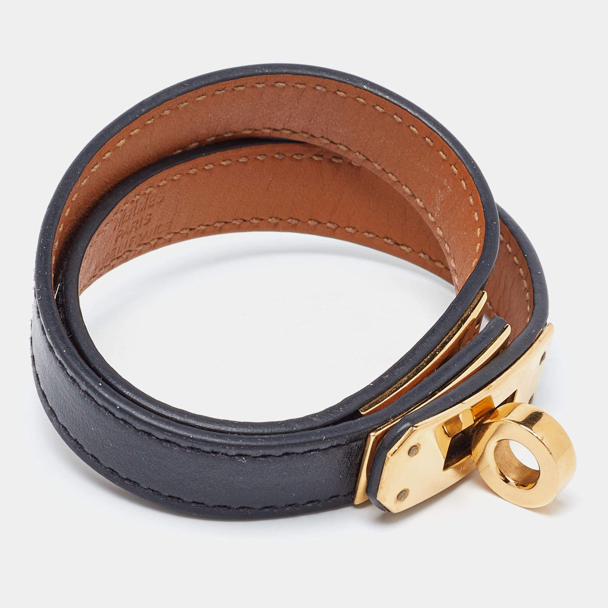 Contemporary Hermes Kelly Black Leather Gold Plated Double Tour Bracelet