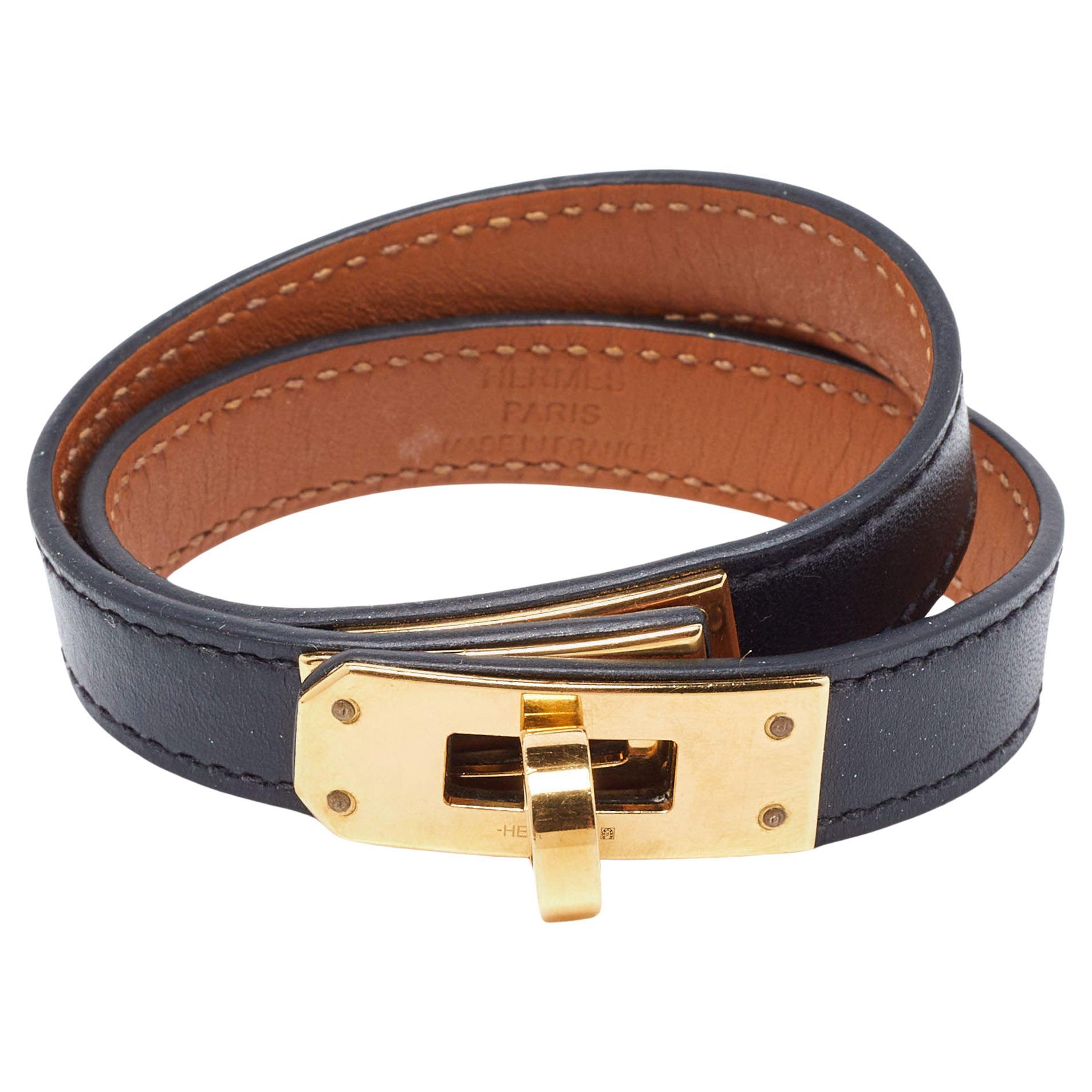 Hermes Kelly Black Leather Gold Plated Double Tour Bracelet