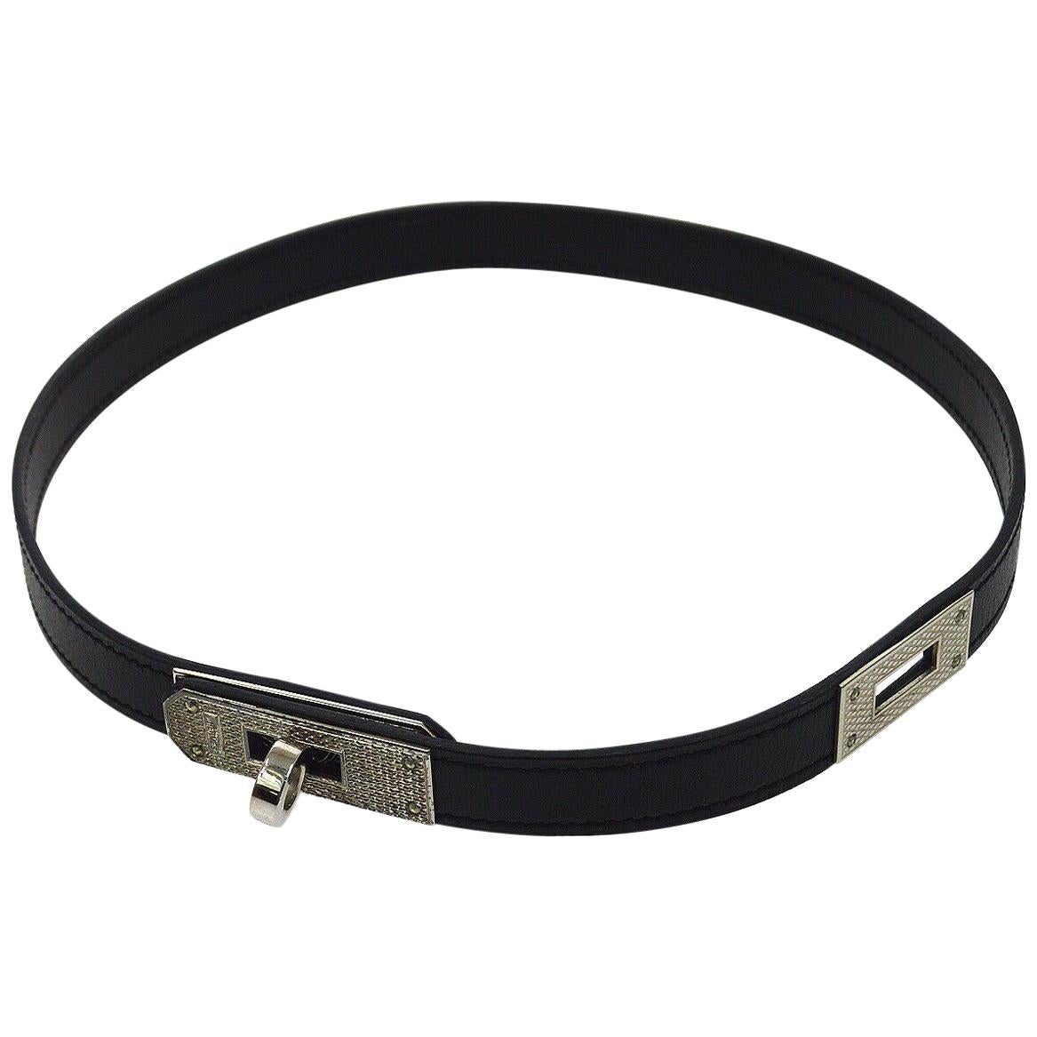 Hermes Kelly Black Leather Palladium Men's Women's Choker Necklace in Box