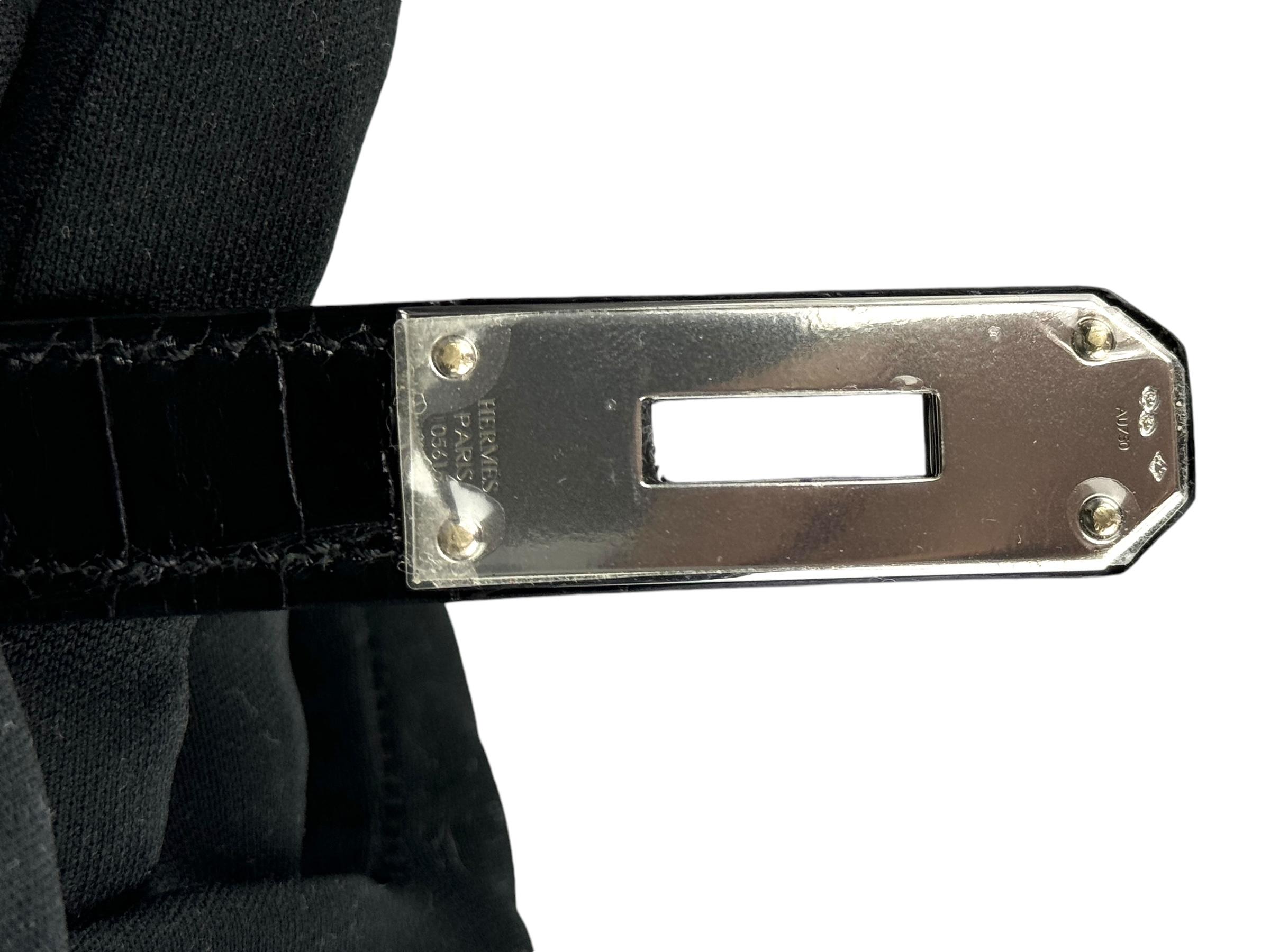 Hermes Kelly  Black Noir Diamond Shiny Crocodile 18K White Gold Hardware For Sale 4