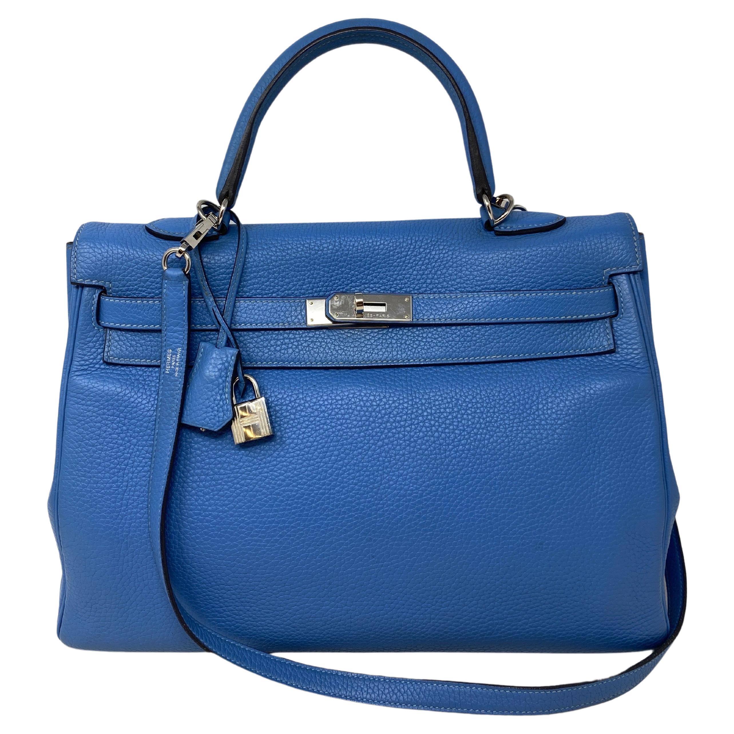 Hermes Kelly Handbag Bleu Frida Madame with Palladium Hardware 28 at 1stDibs