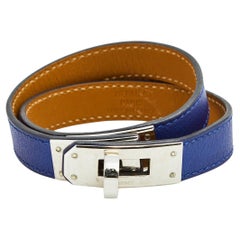 Hermes Kelly Blue Leather Palladium Plated Double Tour Bracelet M