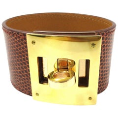 Hermes Kelly Brown Cognac Lizard Exotic Leather Gold Men's Women's Cuff Bracelet