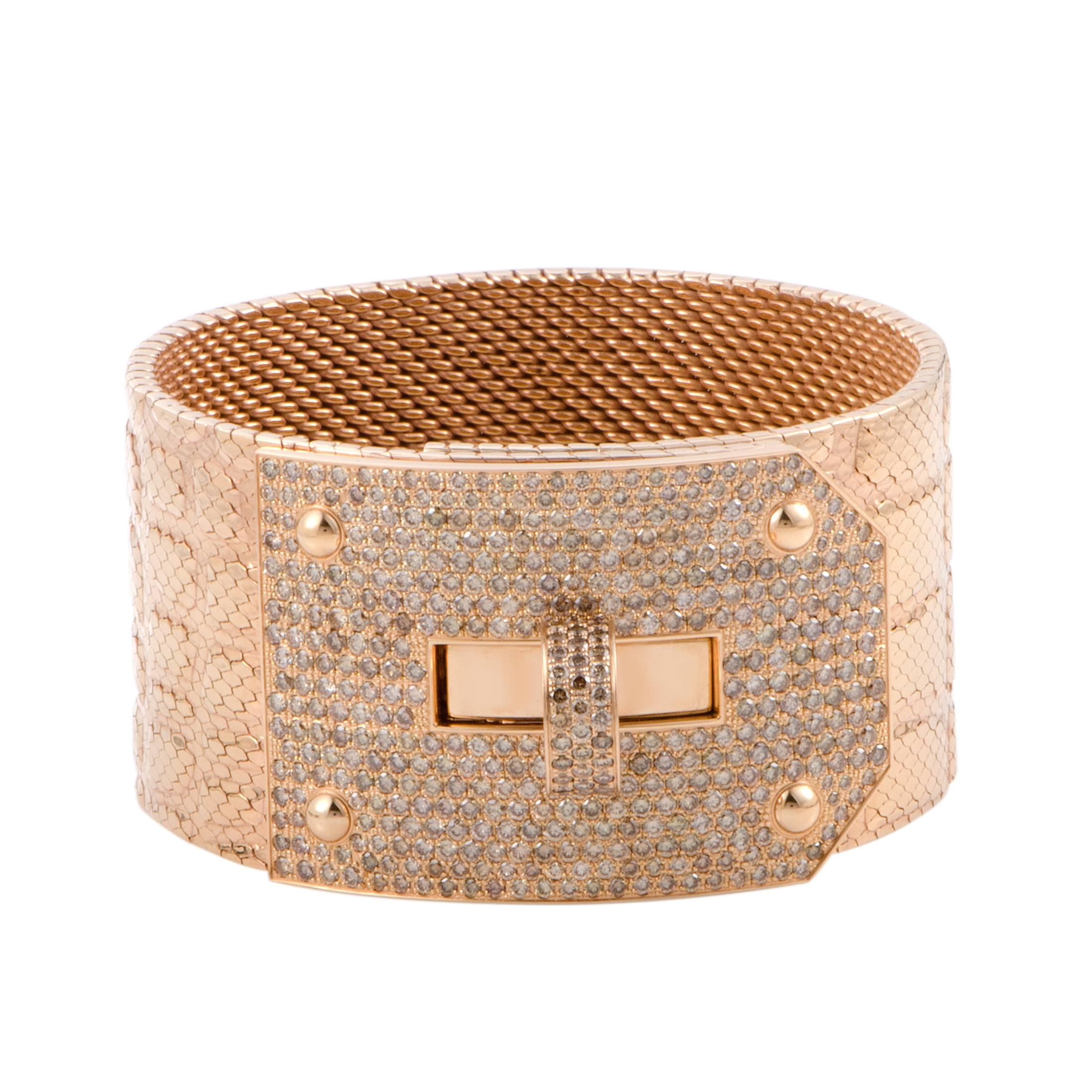 Hermes Kelly Brown Diamond Pave Alligator Leather Pattern Cuff Bracelet