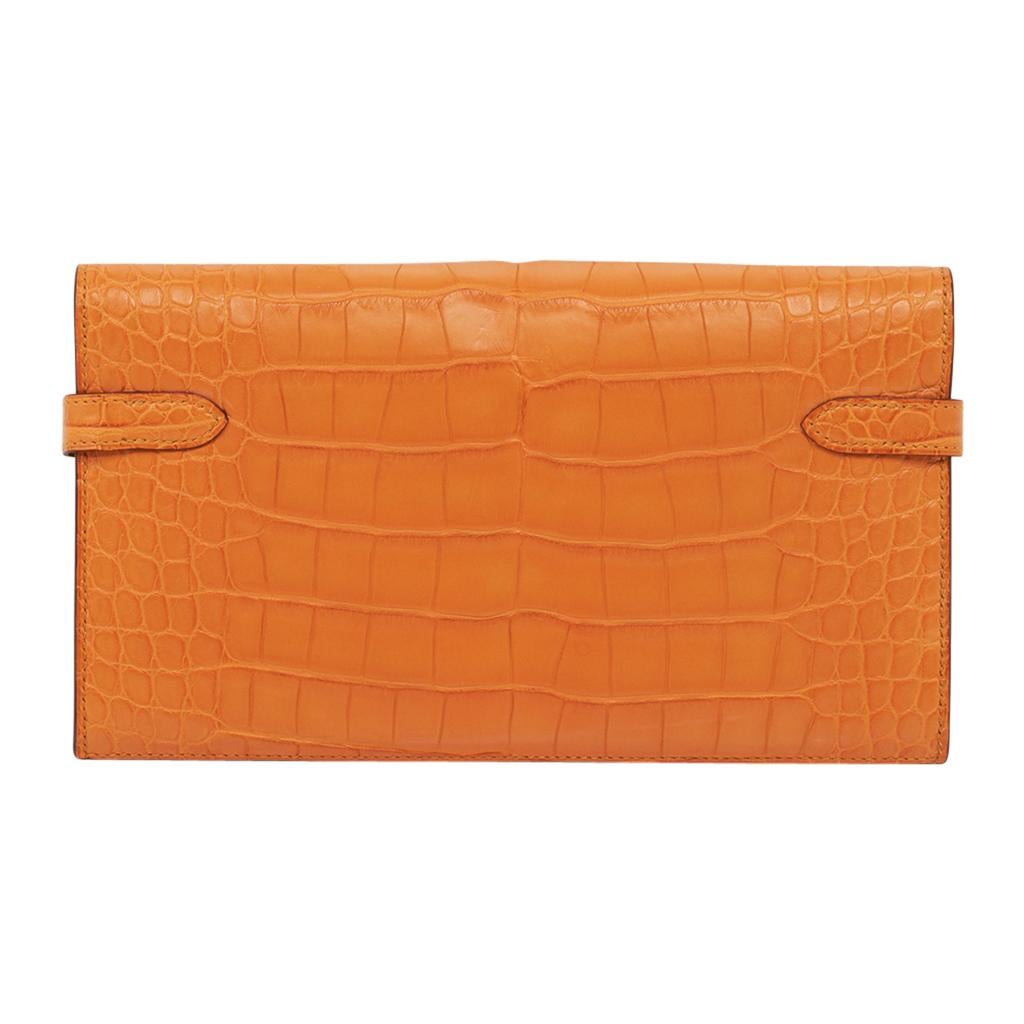 Hermes Abricot Matte Alligator Kelly Classic Wallet Palladium New 1