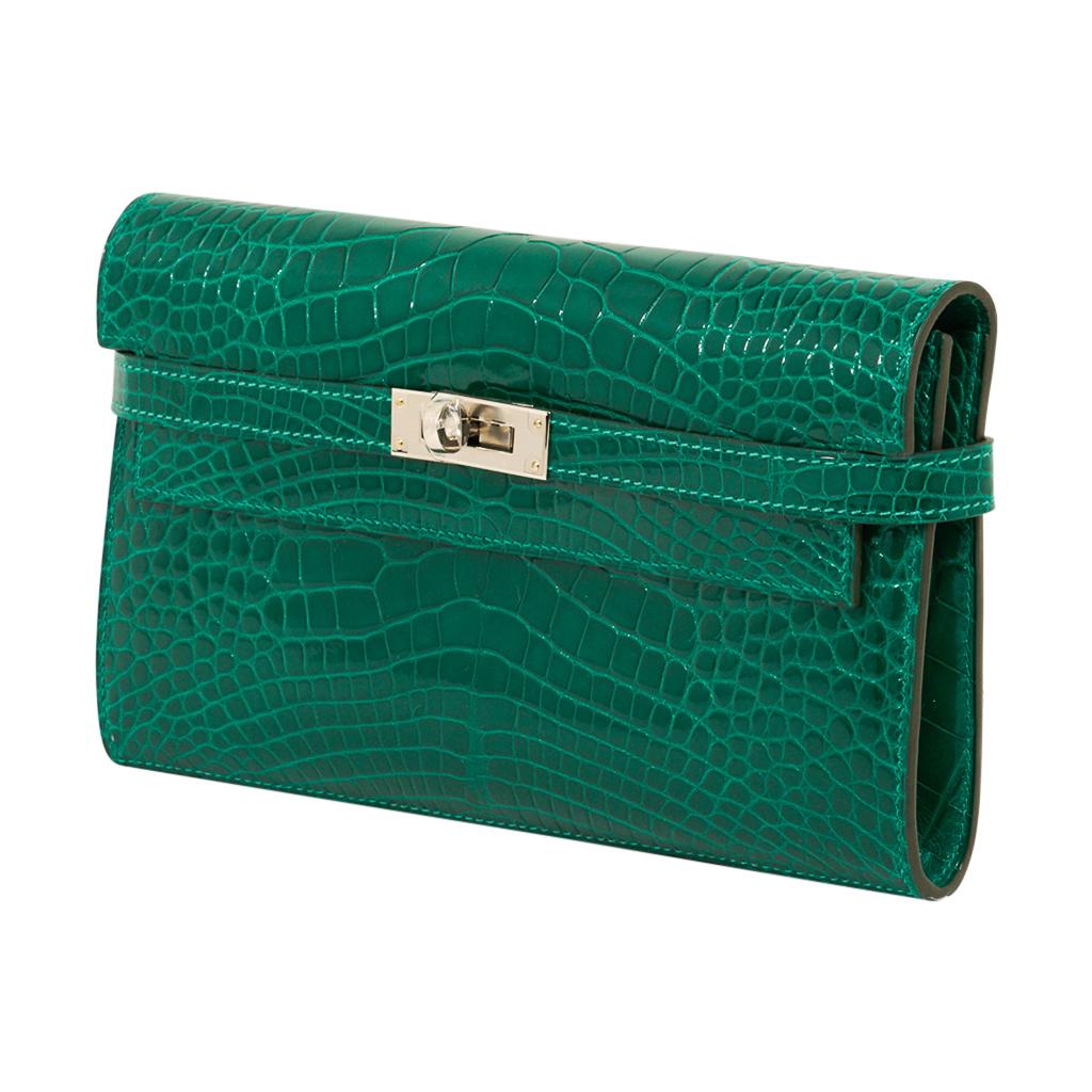 Blue Hermes Kelly Classic Wallet / Clutch Emerald Alligator Lisse New w/Box