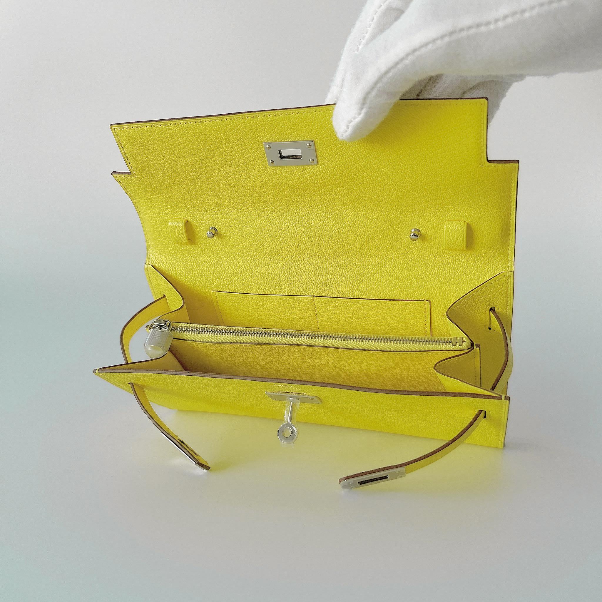 Women's Hermes Kelly Classique To Go Wallet, In Jaune Citron Epsom Leather And Palladium
