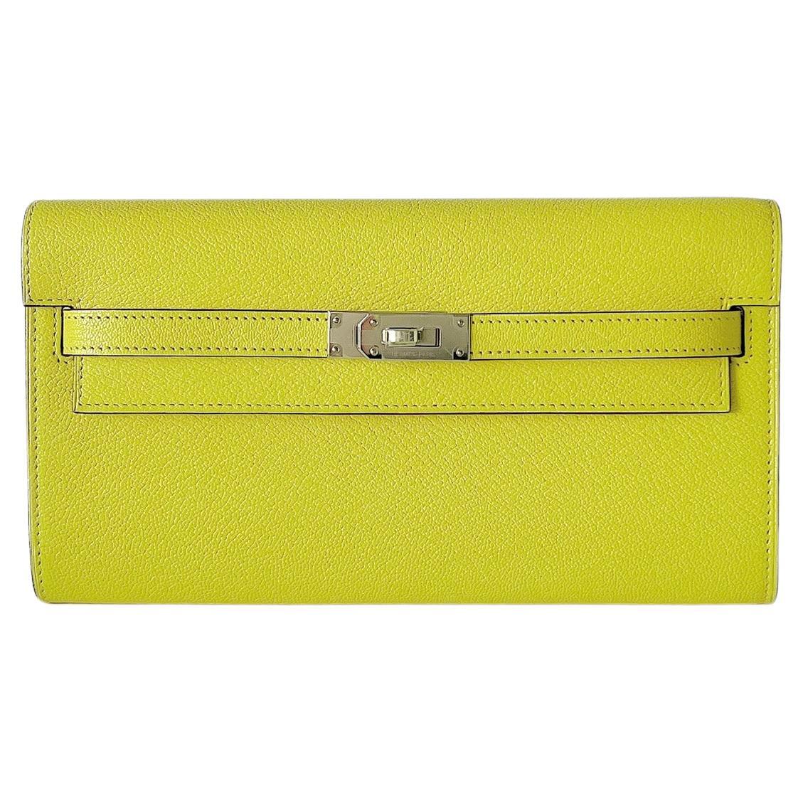 Hermes Kelly Classique To Go Wallet, In Jaune Citron Epsom Leather And Palladium