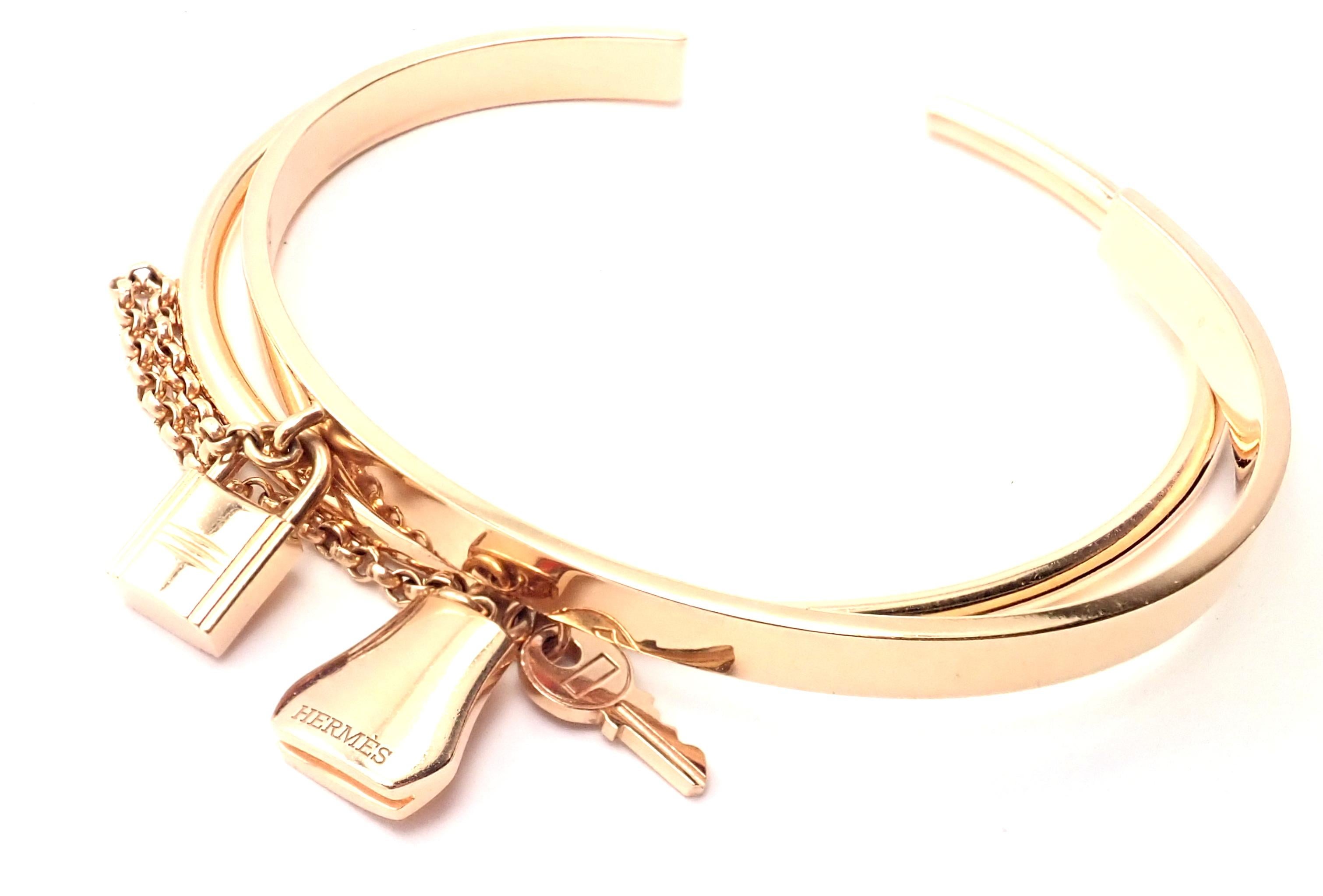 Hermes Kelly Clochette Double Cuff Rose Gold Bangle Bracelet For Sale 1