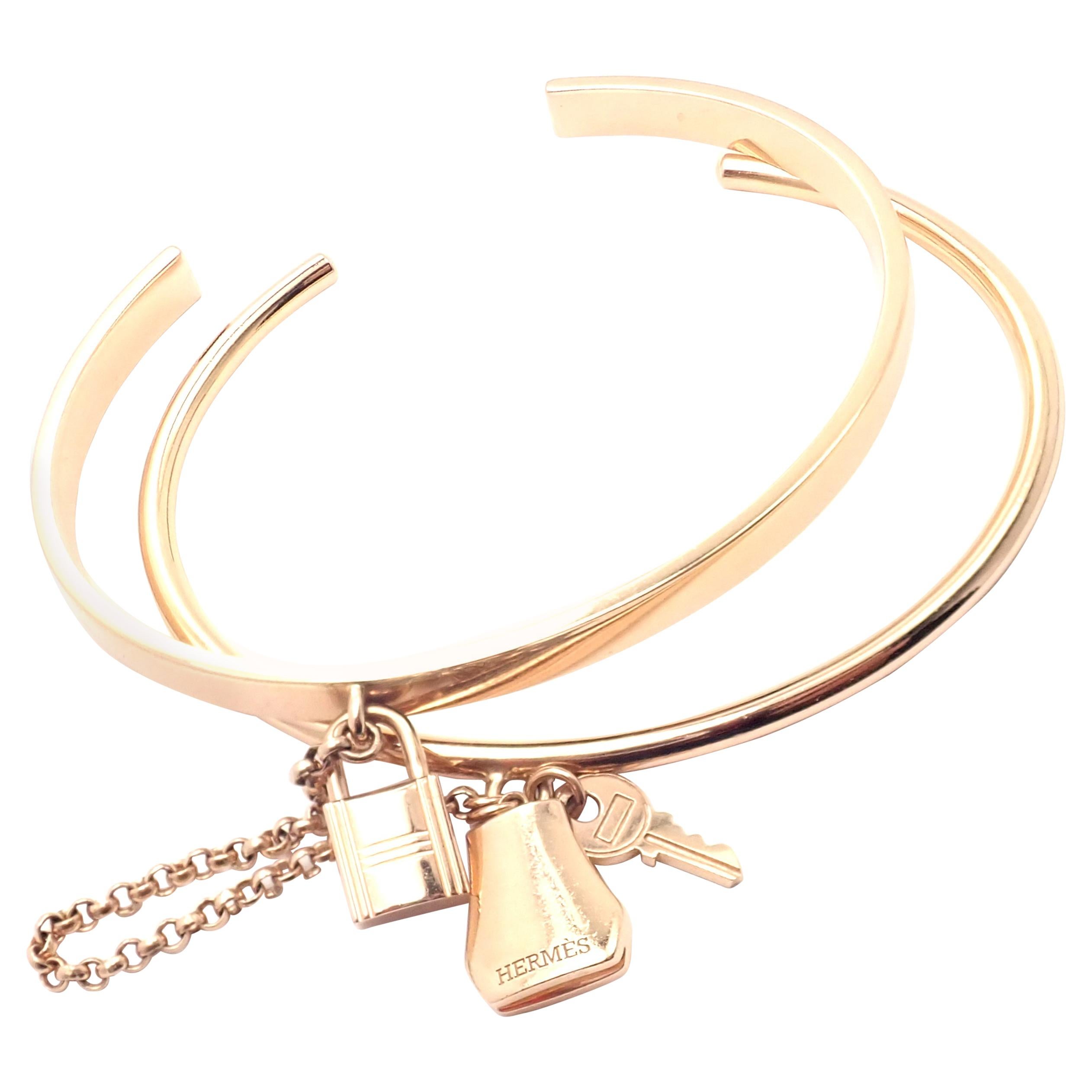 Hermes Kelly Clochette Double Cuff Rose Gold Bangle Bracelet For Sale