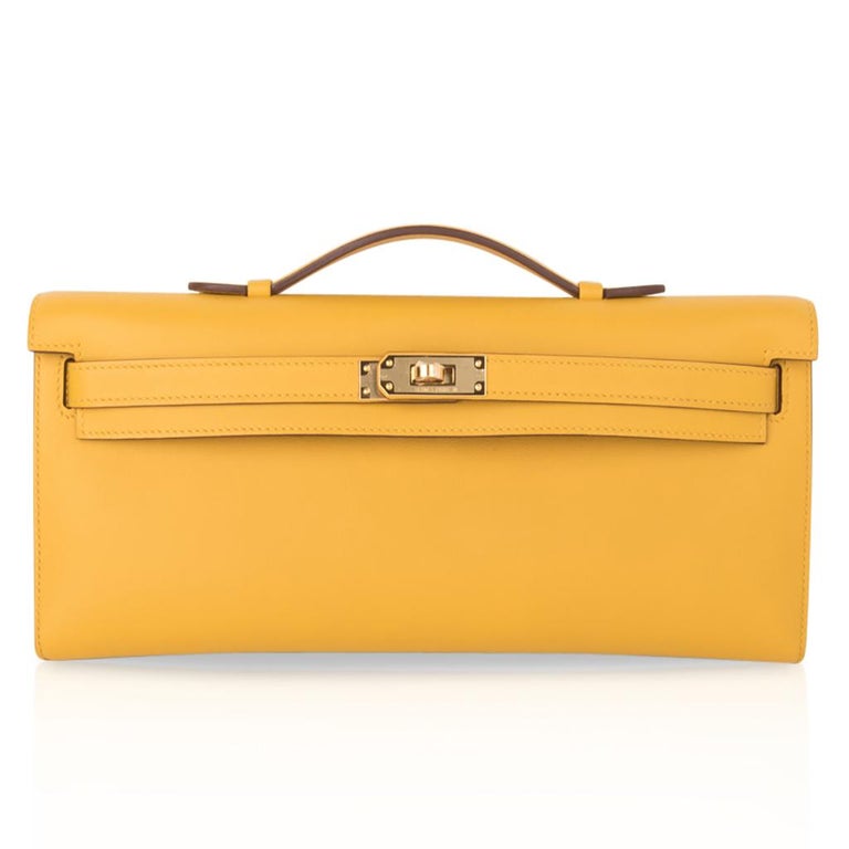 Hermes Kelly Cut Bag Jaune Ambre Clutch Swift Gold Hardware New at