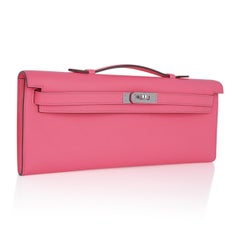 Pochette Hermes Kelly Cut Rose Azalee Swift Palladium Hardware New