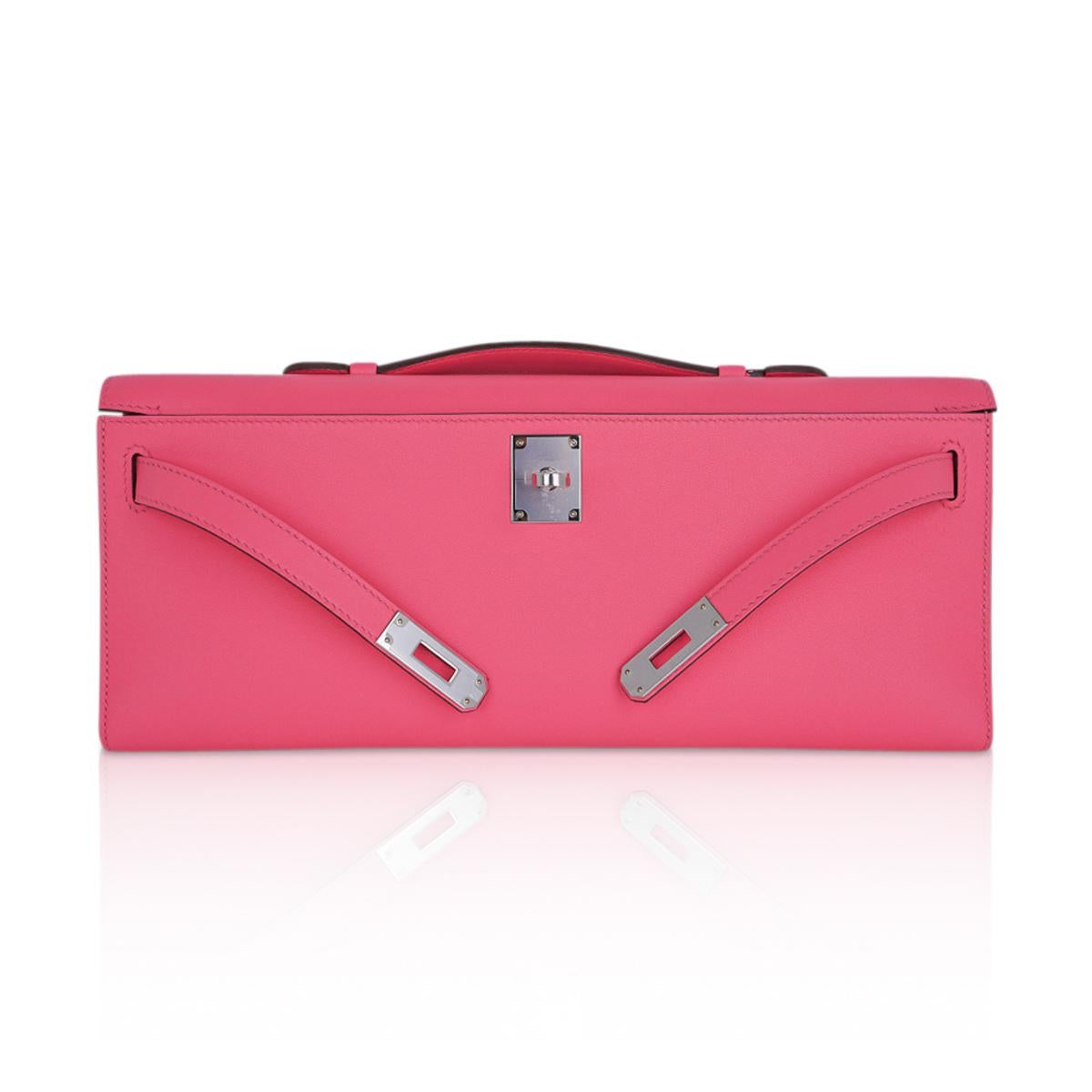 Pink Hermes Kelly Cut Rose Azalee Clutch Bag Swift Palladium Hardware New
