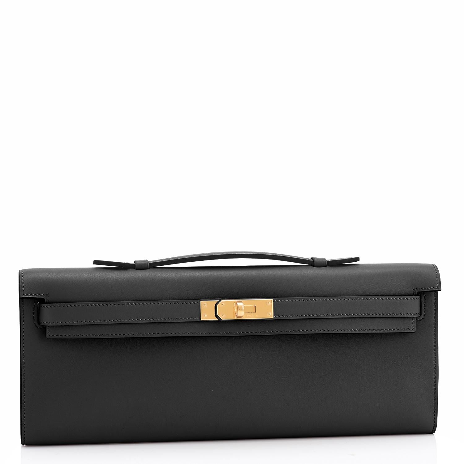 Hermes Kelly Cut Black Clutch Pochette Swift Gold Hardware NEW
Brand New in Box. Store fresh. Pristine condition (with plastic on hardware).
Perfect gift! Comes with Hermes protective felt, sleeper, box and ribbon.
If you buy only one clutch for