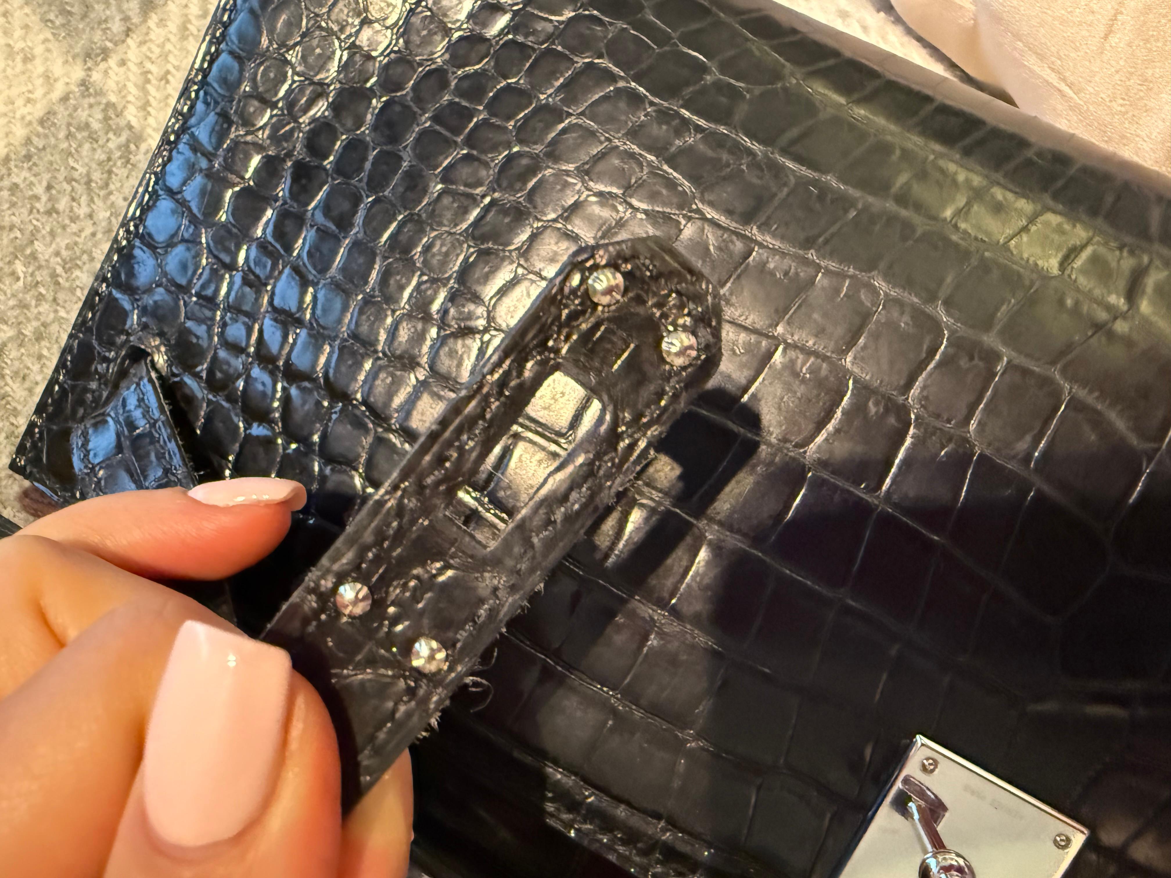 Hermes Kelly Cut Black Porosus Crocodile gold and diamond hardware For Sale 1