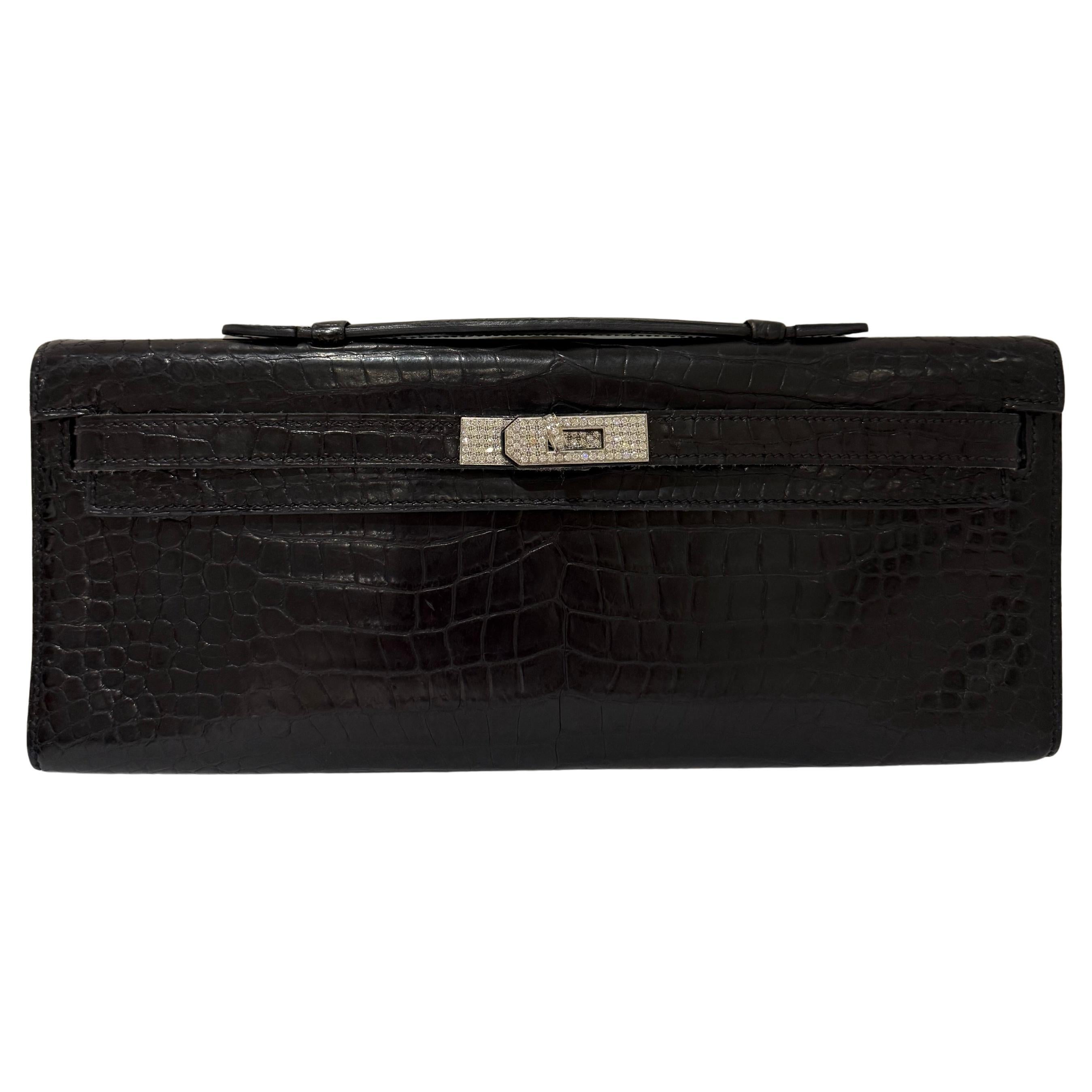 Hermes Kelly Cut Black Porosus Crocodile gold and diamond hardware