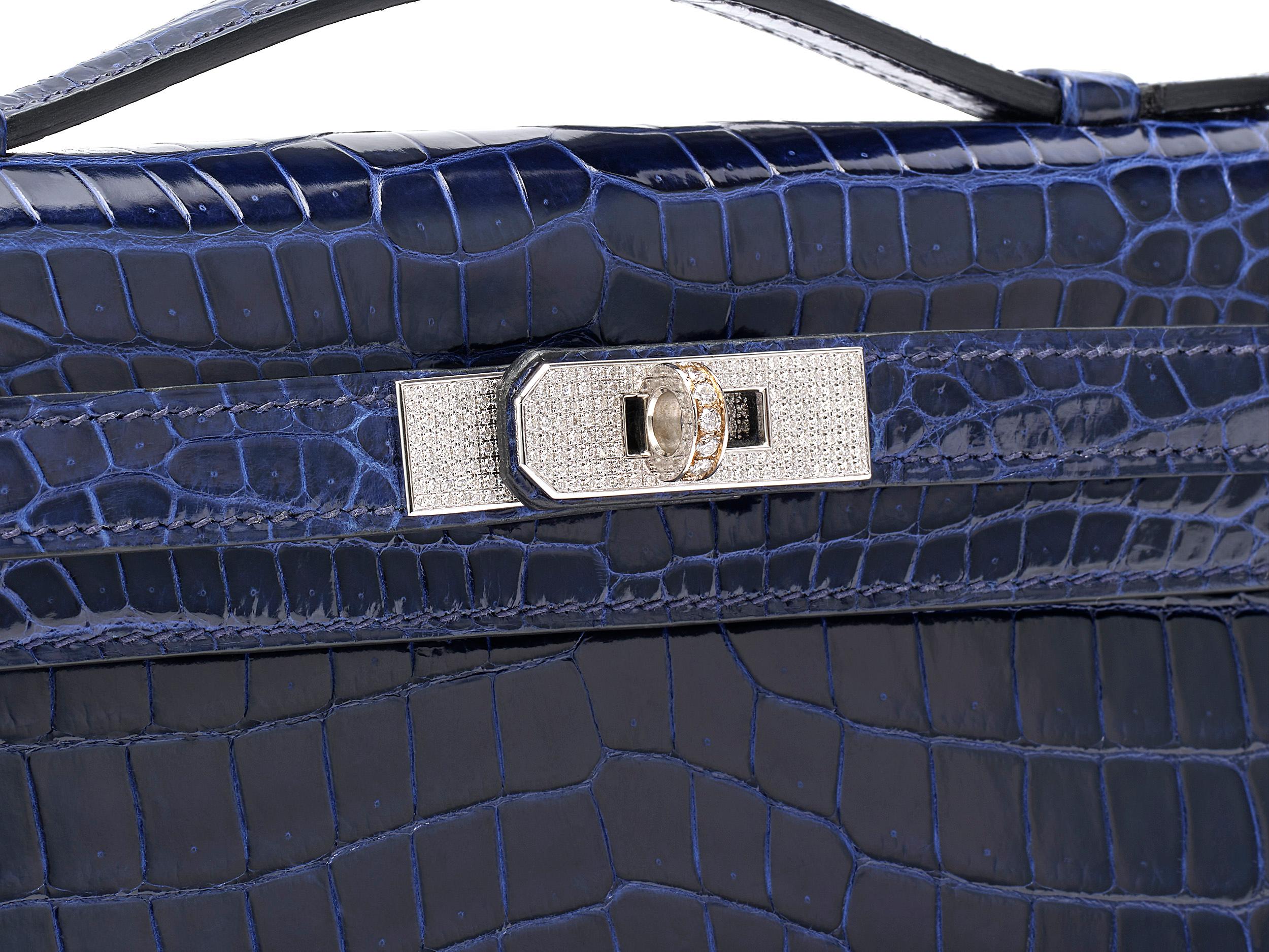 Women's or Men's Hermès Kelly Cut Bleu Saphir Diamond Crocodile Porosus For Sale