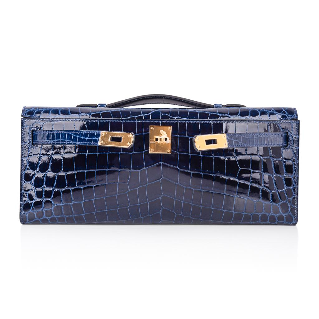 Black Hermes Kelly Cut Clutch Bag Blue Sapphire Crocodile Gold Hardware New w/Box
