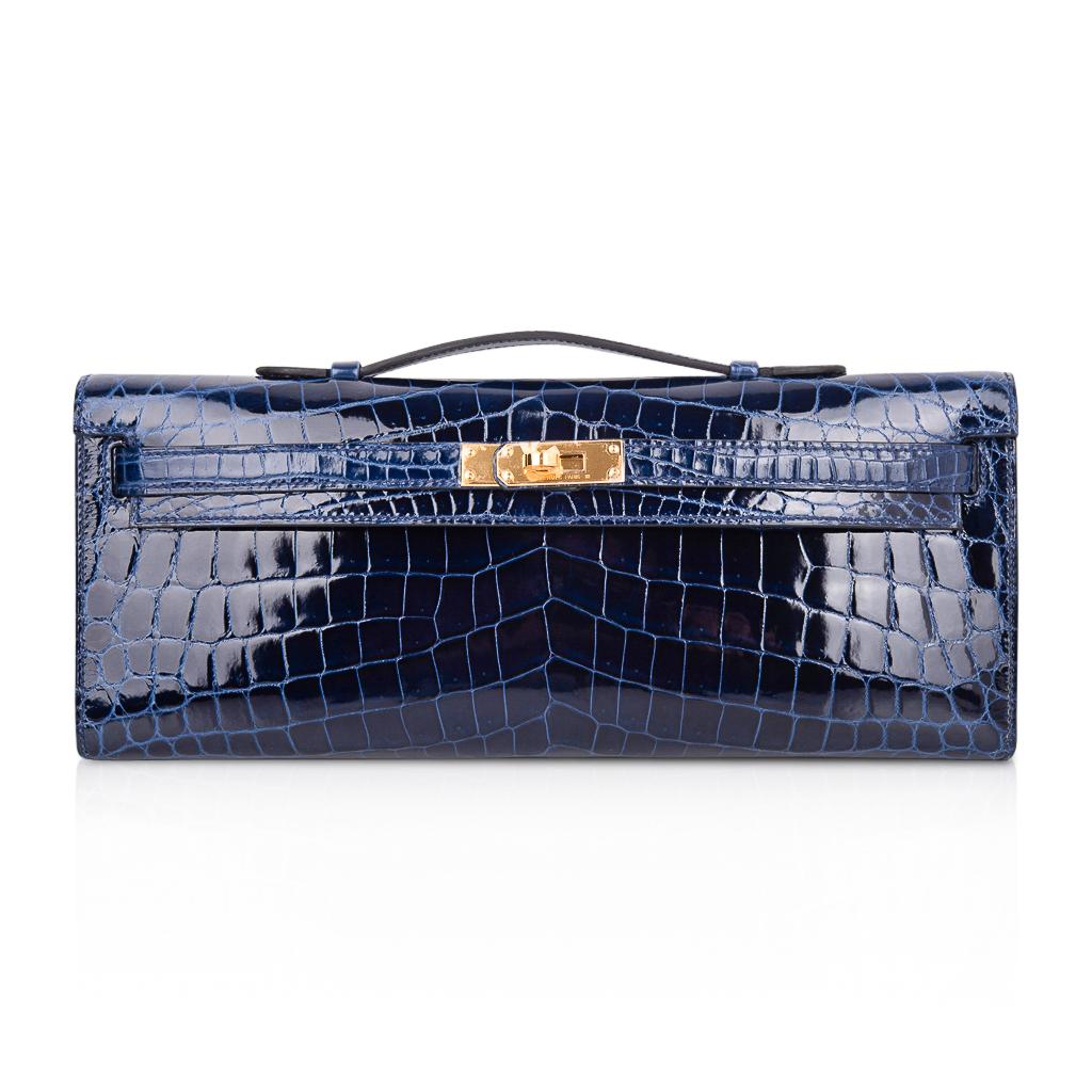 Hermes Kelly Cut Clutch Bag Blue Sapphire Crocodile Gold Hardware New w/Box In New Condition In Miami, FL