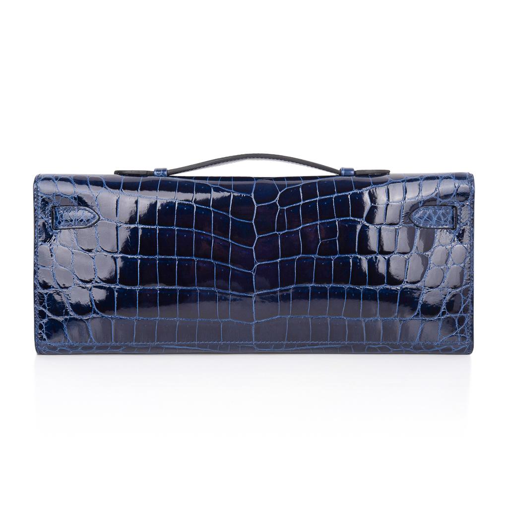 Women's Hermes Kelly Cut Clutch Bag Blue Sapphire Crocodile Gold Hardware New w/Box