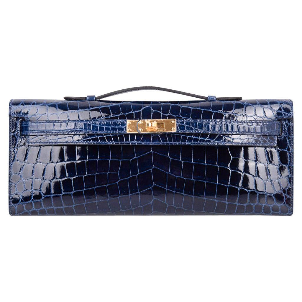 Hermes Kelly Cut Clutch Bag Blue Sapphire Crocodile Gold Hardware New w/Box