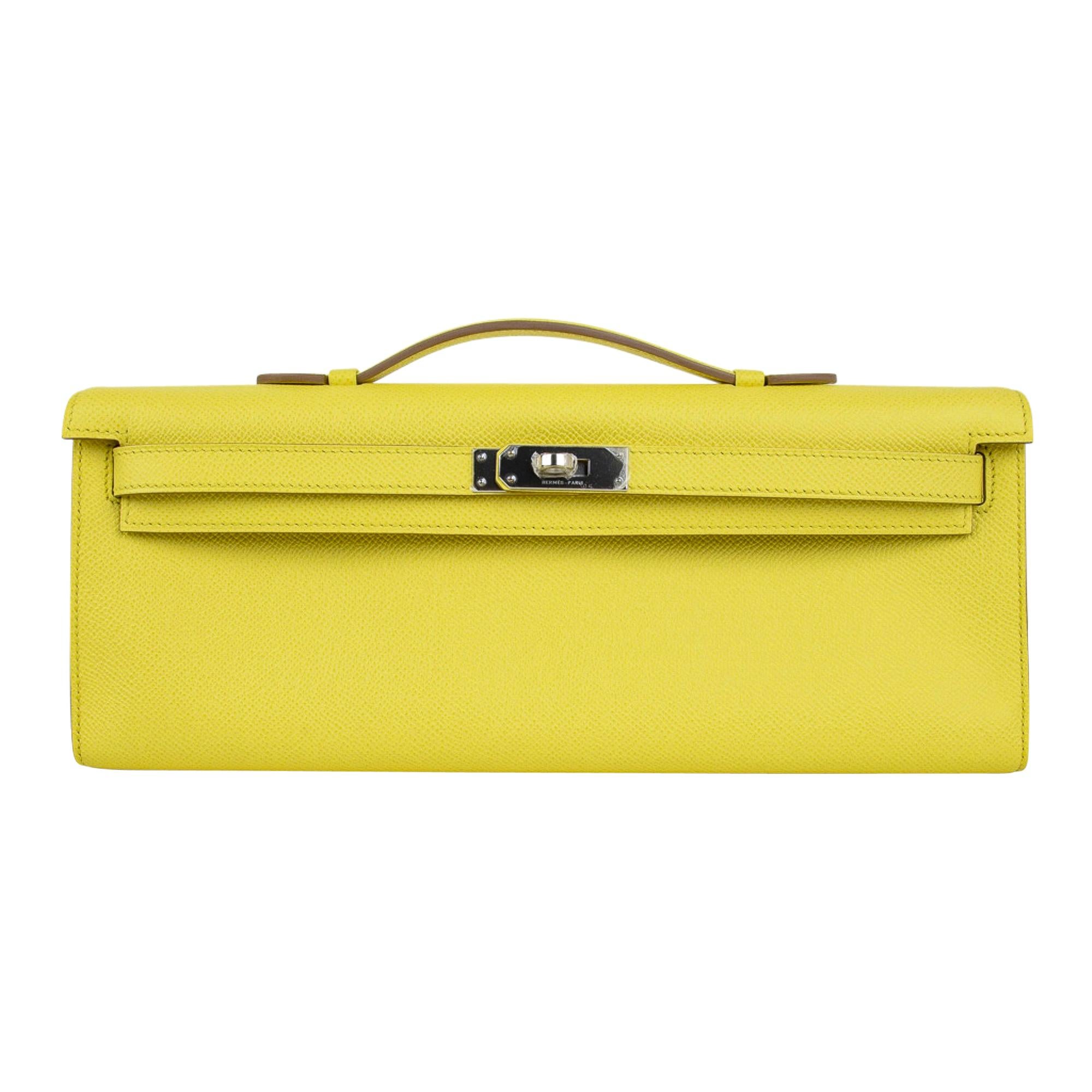 Hermes Kelly Cut Clutch Bag Fresh Souffre Yellow Epsom Palladium Rare New w/Box