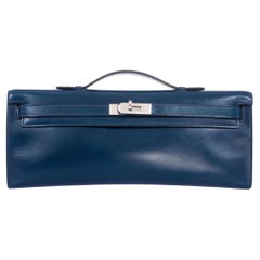 Hermès Kelly Cut Clutch Blue de Prusse Box Guilloche Palladium Hardware