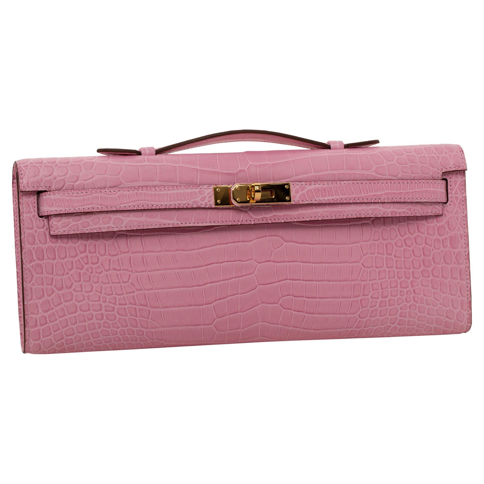 Hermès Kelly Cut Clutch Bubblegum Matte Porosus Krokodil Gold Hardware