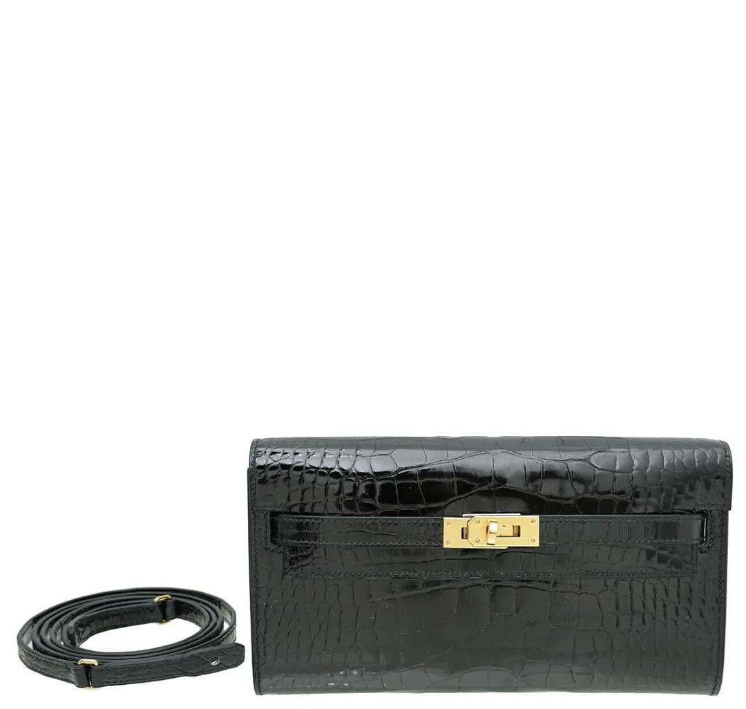 Hermès Kelly Cut Clutch Elan Crocodile Porosus Lisse 89 Noir GHW For Sale 1