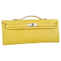 Hermès Kelly Cut Clutch Mimosa Mate Porosus Cocodrilo Palladium Hardware
