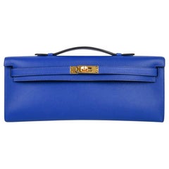 Hermes Kelly Cut Electric Blue Clutch Bag Gold Hardware Swift Leather