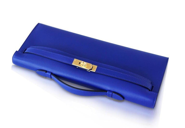 Hermes Kelly Cut Electric Blue Clutch Bag Swift Gold Hardware For Sale