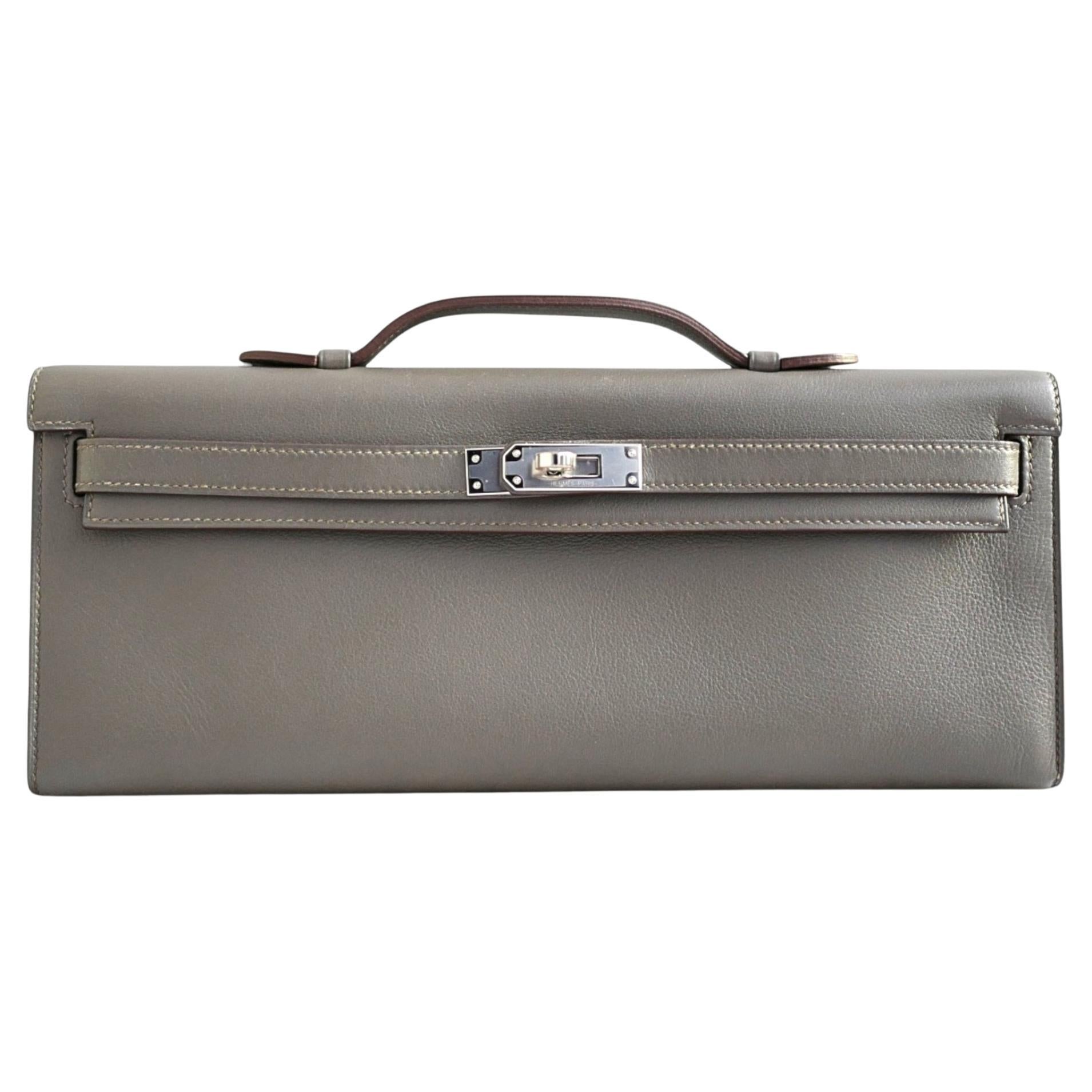 Hermes Kelly Cut Etain Swift Leather Palladium Hardware Clutch For Sale