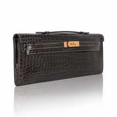 Hermes Kelly Cut Gris Elephant Porosus Crocodile Clutch Bag Gold Hardware