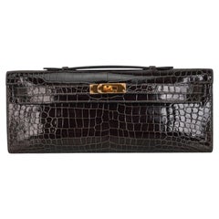 Hermes Kelly Cut Gris Elephant Porosus Crocodile Clutch Bag Gold Hardware