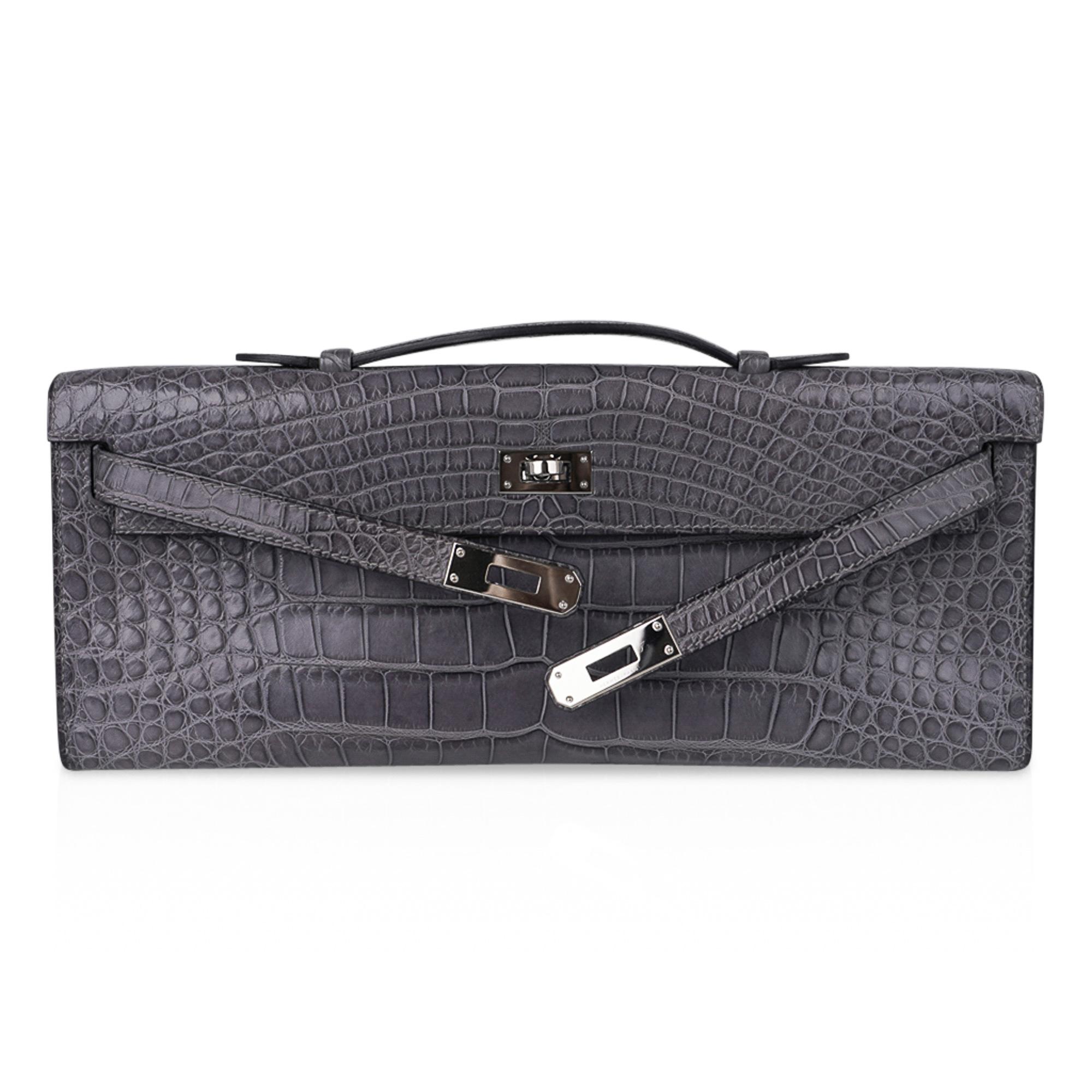 Gray Hermes Kelly Cut Gris Paris Grey Matte Alligator Palladium Hardware Clutch Bag 
