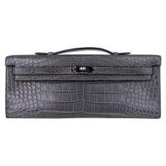 Hermes Kelly Cut Gris Paris Grey Matte Alligator Palladium Hardware Clutch Bag 