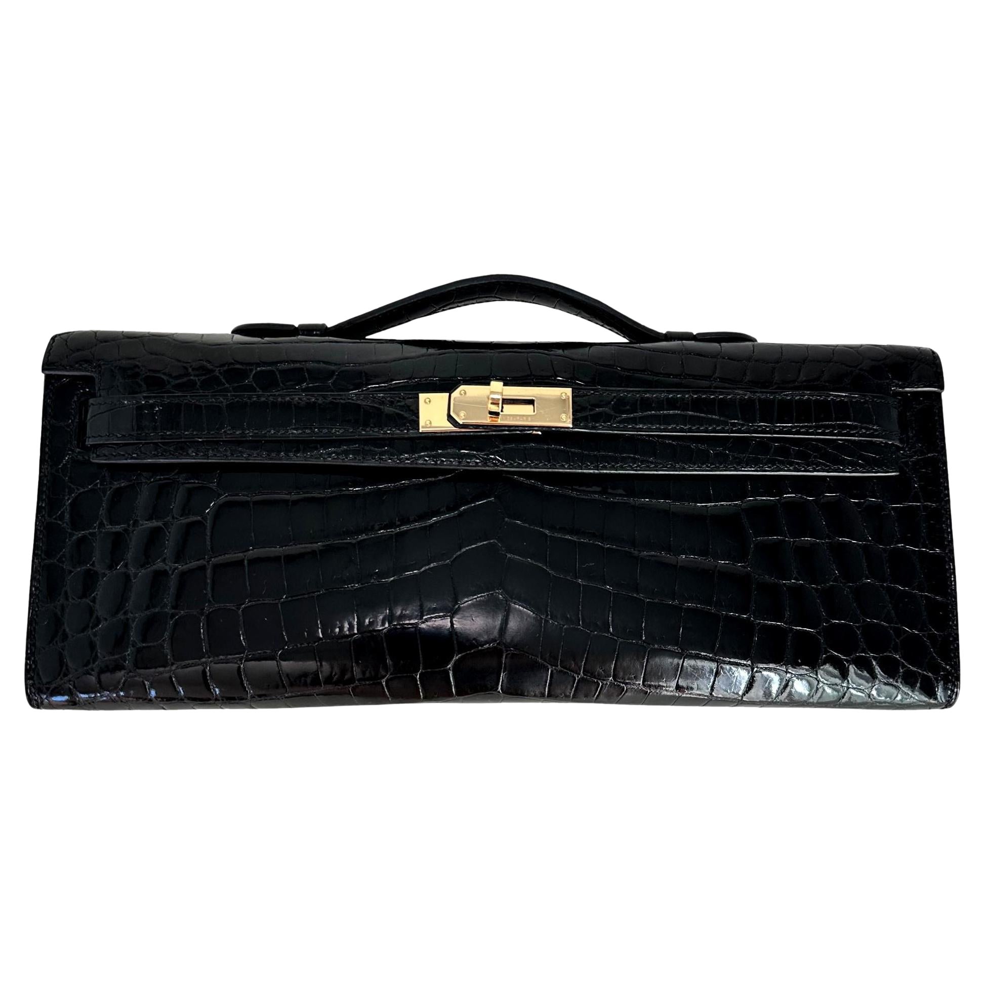 HERMES Kelly Cut "Noir" Crocodile Niloticus noir brillant Permabrass Hardware en vente