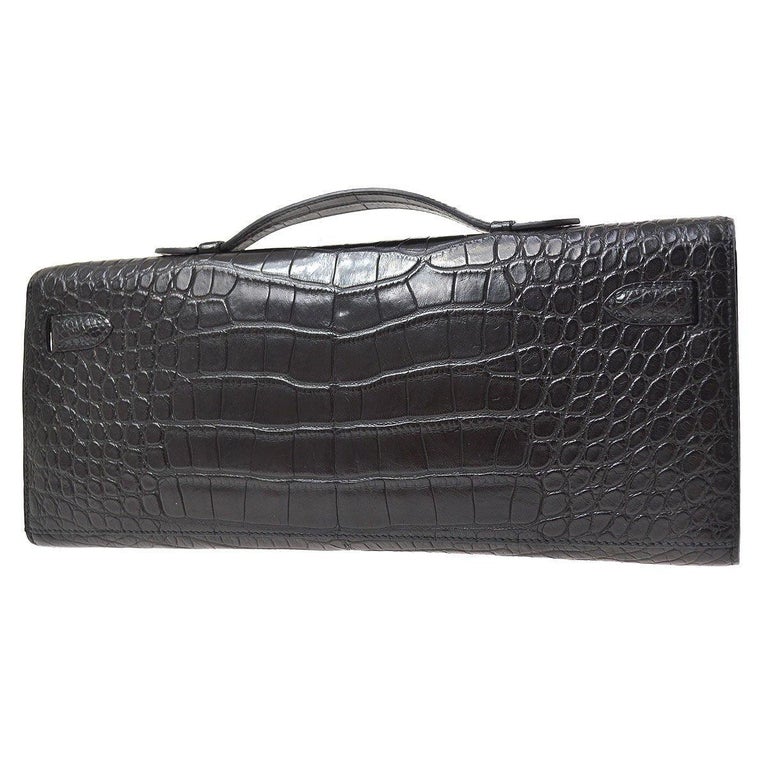 HERMES Kelly Cut So Black Alligator Exotic Black Hardware Top Handle Clutch Bag In Good Condition In Chicago, IL