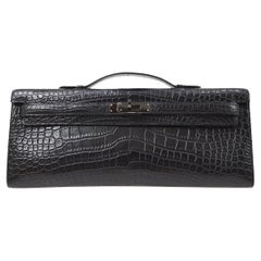HERMES Kelly Cut So Black Alligator Exotic Black Hardware Top Handle Clutch Bag