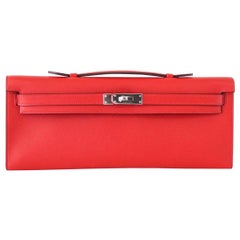 Hermes Kelly Cut Vermillion Red Clutch Bag Swift Palladium