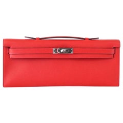 Hermes Kelly Cut Vermillion Red Clutch Bag Swift Palladium