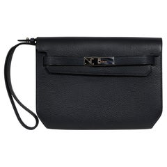Hermes Kelly Depeche 25 Pouch Blue Nuit Togo Palladium Wrist Strap Sac Travel