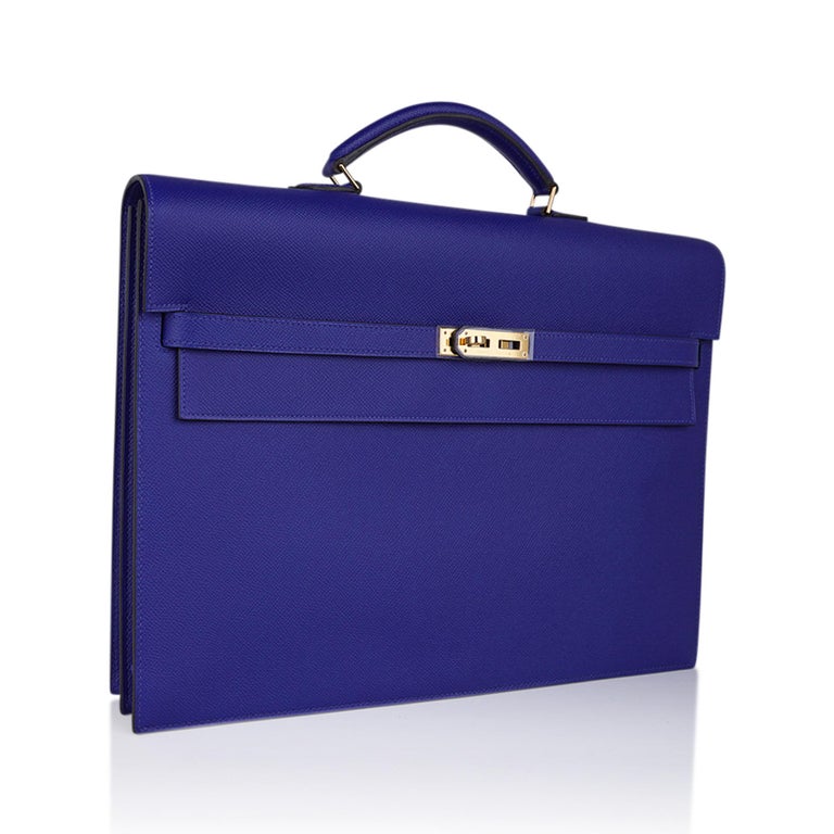 Hermes Kelly Depeche HSS 38 Briefcase Blue Electric Gold Hardware Epsom  Leather For Sale at 1stDibs