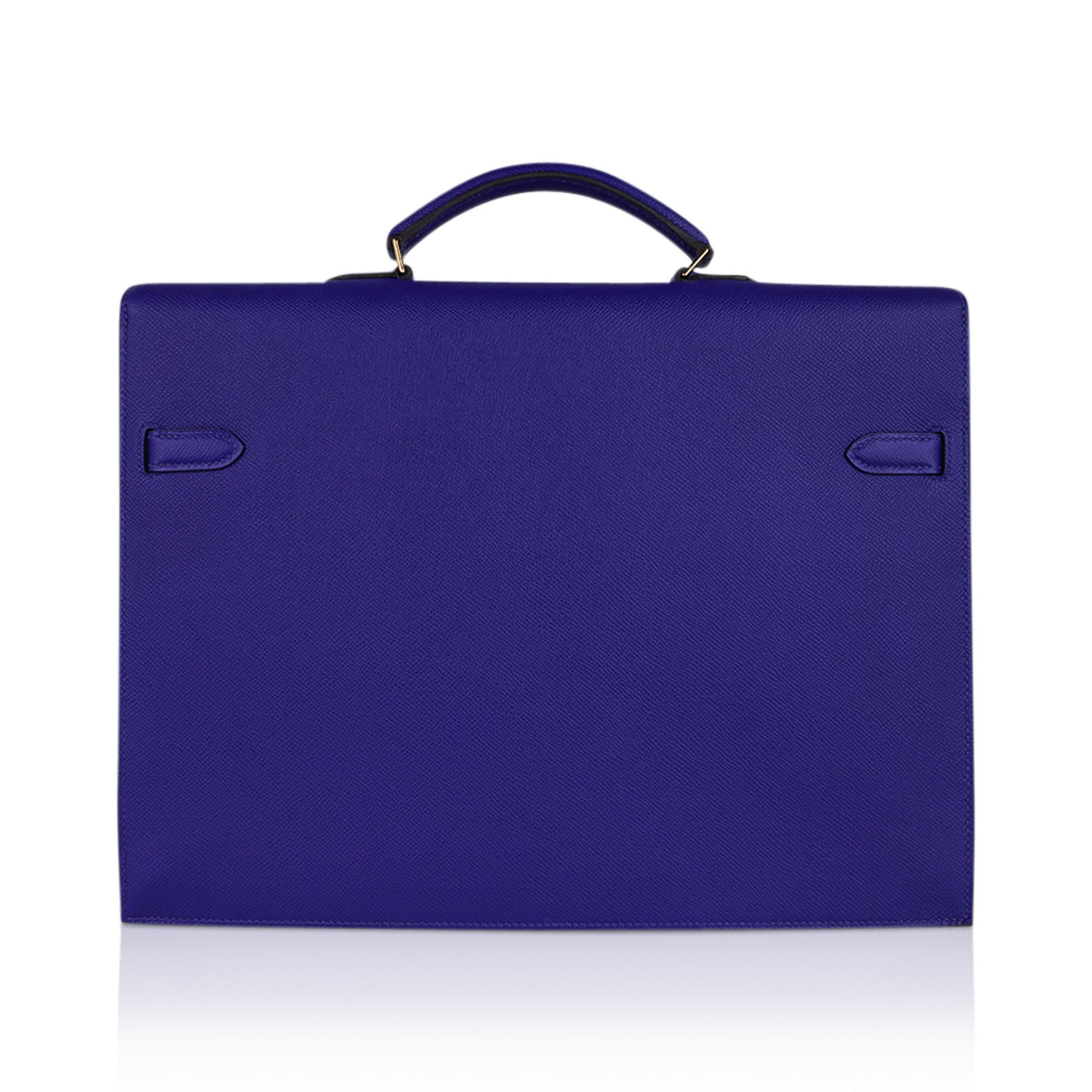 Hermes Kelly Depeche HSS 38 Briefcase Blue Electric Gold Hardware Epsom Leather  For Sale 1