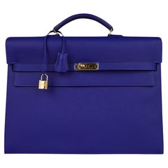 Hermes Kelly Depeche HSS 38 Briefcase Blue Electric Gold Hardware Epsom Leather 