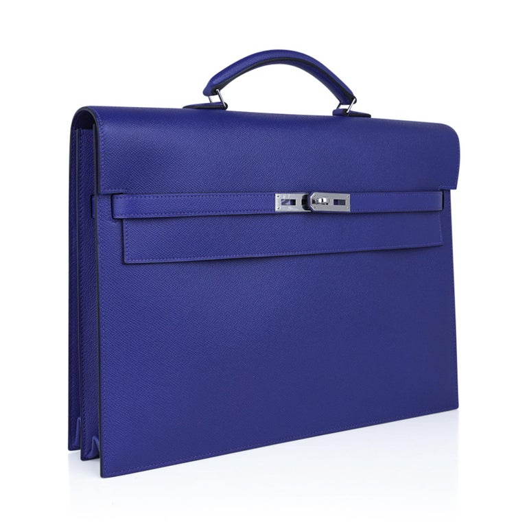 Mightychic offers an Hermes coveted Kelly Depeches 38 briefcase.
Very rare in Electric Blue. 
Epsom leather with Palladium hardware. 
Two large accordion compartments. 
Front wall has a slip pocket.
NEW or NEVER WORN.
Comes with sleeper and