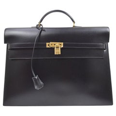 HERMES Kelly Depeche Black Box Calfskin Gold Top Handle Travel Men's Briefcase