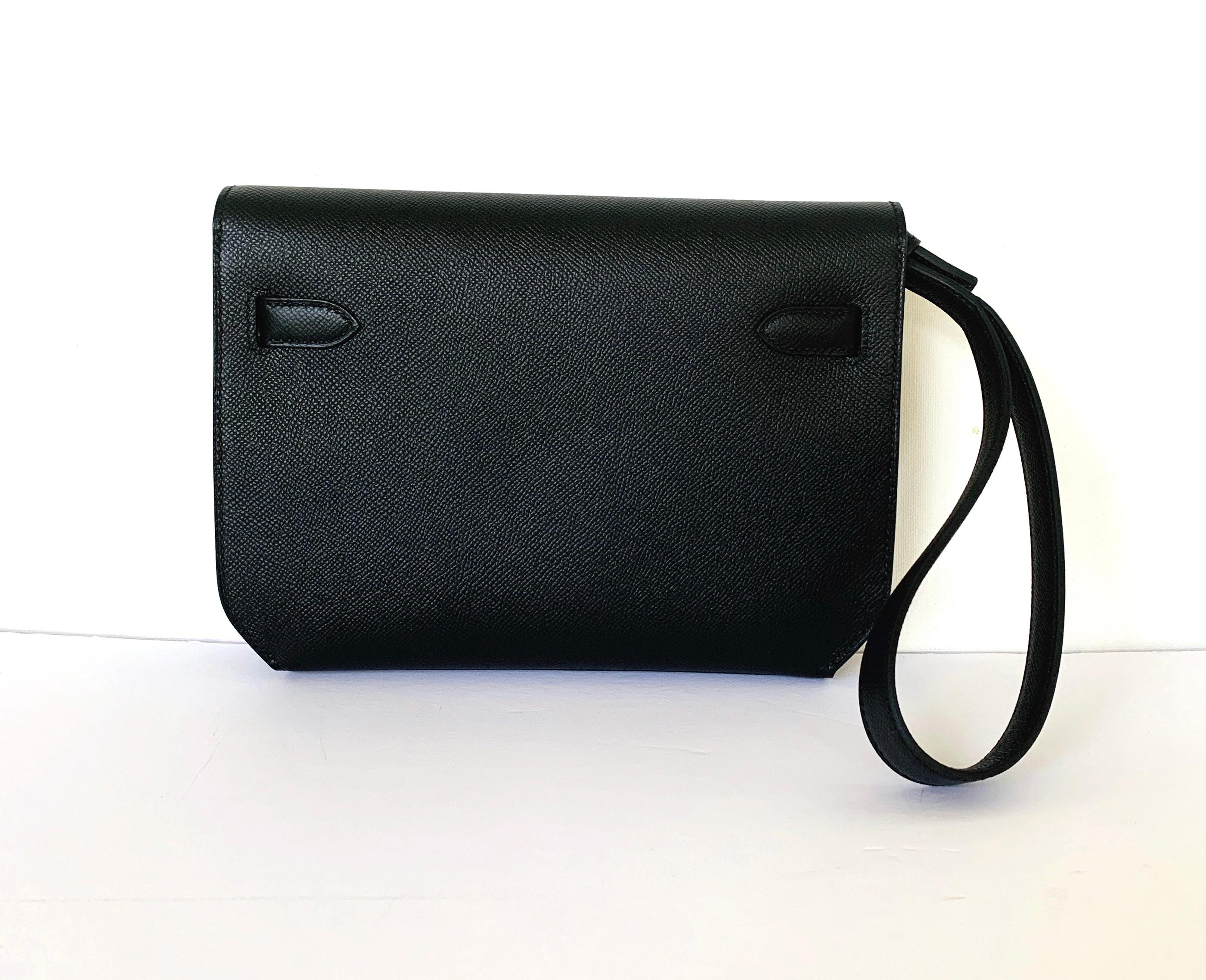 Hermes Kelly Depeche 25

Condition: Store Fresh
Color: Black
Material: Epsom Leather
Hardware: Palladium
Collection: D
Dimensions: L 25.2 x H 19.5 x D 4 cm
It has been over a decade since Hermes has introduced a new Kelly clutch; handheld versions